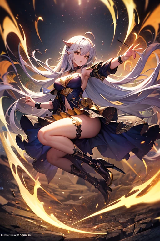 fantasy, 1angel_girl,, ,brown_hair, medium_bob_hair, long_bangs, halo,bare_shoulder,thighhighs,silver_armor, waist_armor, large_breasts,angry,grinning,open_mouth_teeth, 1pair_wings, dynamic_pose_fighting,floating, bare_crotch, headgear,gauntlet, greaves,city_sky_background,slightly_spread_legs, solo, groin_naked,dark_skin,