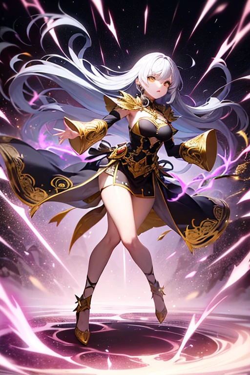 1girl, long hair, blue eyes, white hair, weapon, breasts, solo, holding, polearm, open mouth, dual wielding, looking at viewer, boots, spear, medium breasts, leotard, very long hair, headgear, holding weapon, scythe