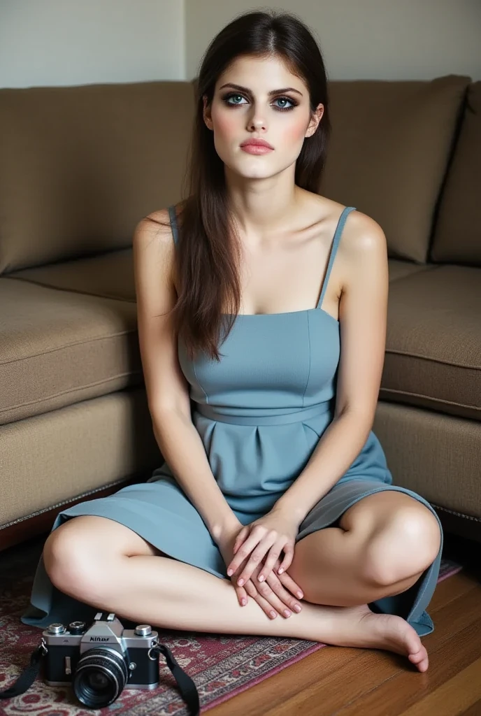 1girl, exhausted, blushing, blue summer dress, sitting sideways, legs pressed against wall, trapped in a tiny room between two walls, chains, Perfect detailed cleavage, perfect eyes, highly detailed beautiful expressive eyes, 35mm photograph, film, bokeh, professional, 4k, photorealistic, 8k, raw, rich, intricate details, key visual, vivid colors, dark shadows