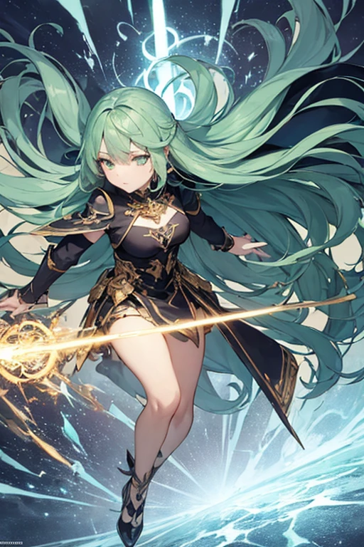 Top quality, masterpiece, high resolution, girl, magic knight, green hair, emerald green armor dress, wind magic, magic staff,Storm effect