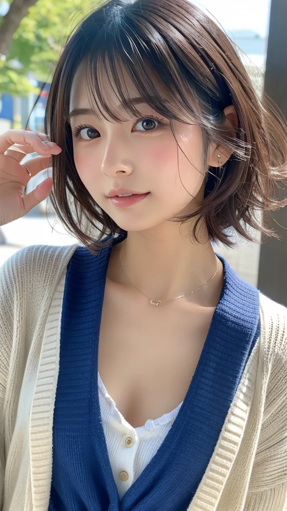 (8K, Photoreal, Raw photo, best image quality: 1.4), Japanese high school girl、(random hairstyle:1.2)、cleavage:1.4、super detail face、eye for details、double eyelid、Beautiful woman:1.4、light brown hair、highest quality、masterpiece、超A high resolution、Fuming、thin、short haired、Bra Top、Cowboy Shot