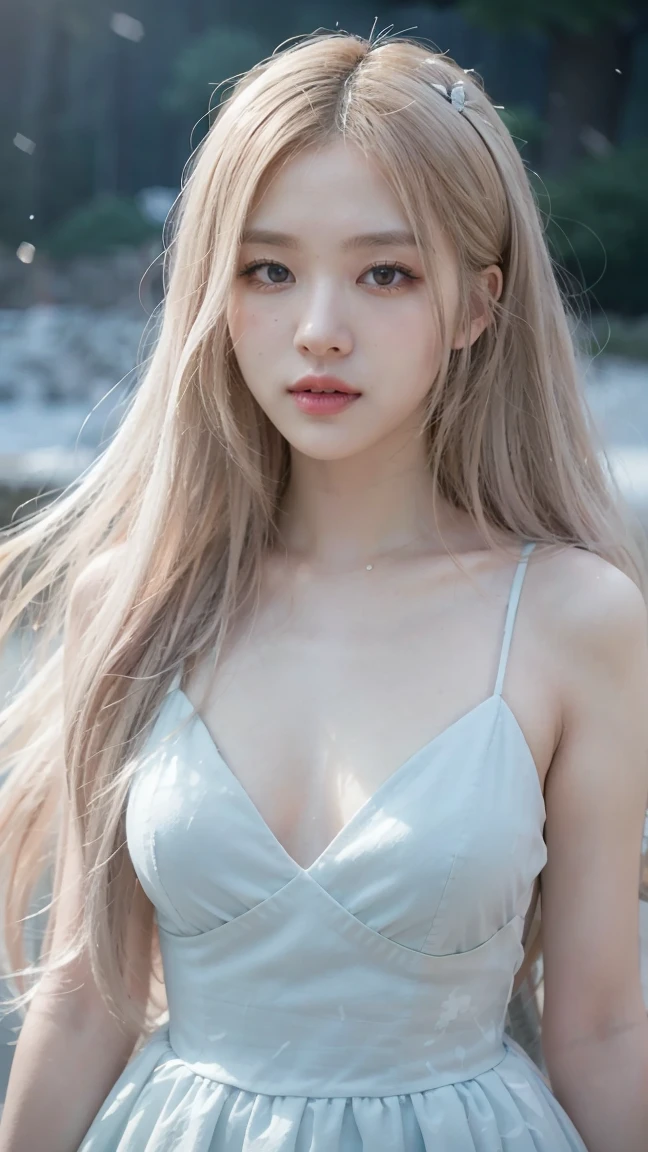 Blonde woman with long hair holding a white cell phone., retrato de kim petras, maquillaje popular de corea del sur, Retrato de Jossi de Blackpink, Parque Roseanne de Blackpink, ulzzang, maquillaje coreano popular, cruel korean gothic girl, ava max, con el pelo largo y blanco, inspirado en Yanjun Cheng, bella delfina, kim taejin