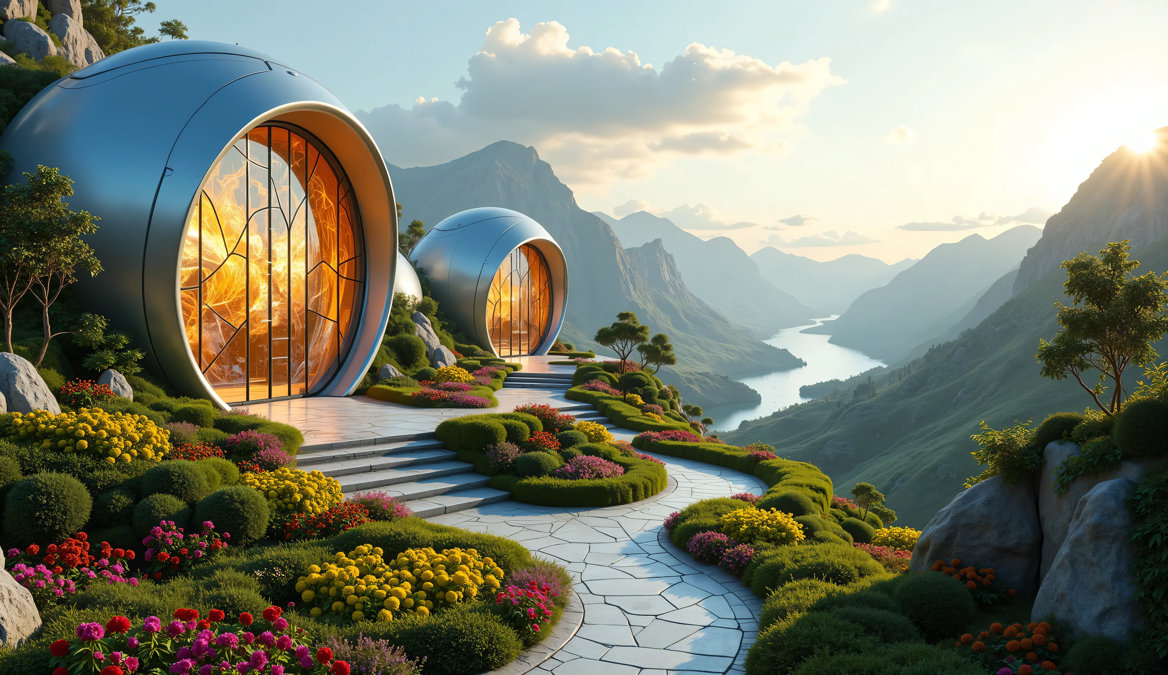 "Create a hyper-realistic 8K daytime scene of a futuristic alien city with smooth, dome-shaped, metallic buildings that blend seamlessly into lush, rolling hills. The architecture should have large, glowing stained-glass windows, casting vibrant hues in the sunlight. The buildings are surrounded by colorful flowers and lush, neatly trimmed vegetation, with winding stone pathways leading up to them. The sky is clear and bright, filled with soft clouds and warm sunlight. In the distance, rolling mountains and rivers create a peaceful, harmonious backdrop. The scene should radiate a clean, tranquil atmosphere, with advanced technology blending effortlessly with nature."