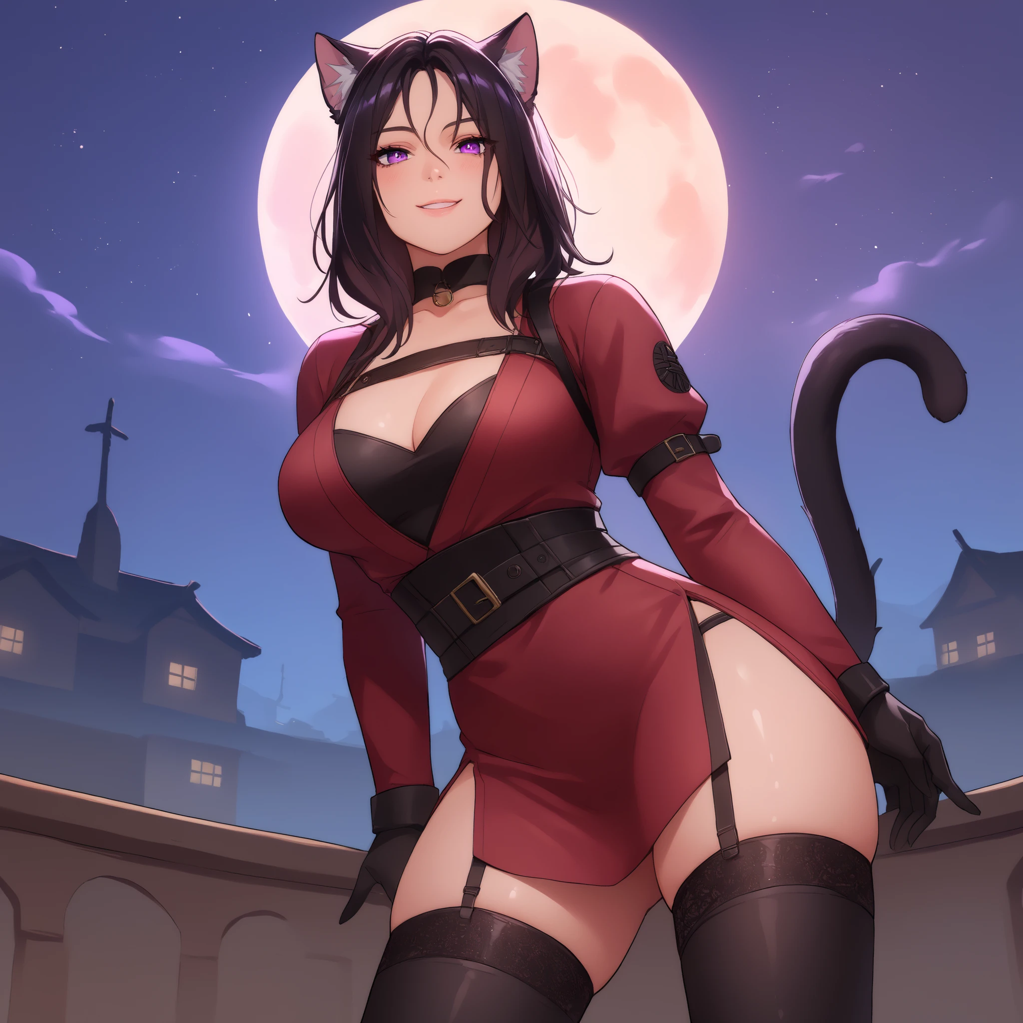 charlotte_wraith, cat girl, black hair, thick waist purple eyes, dressed modestly, thick thigh, Black stockings, assassin, seductive smile, glistening, meadow, moon lit night, csr style, mammoth_metal_style
