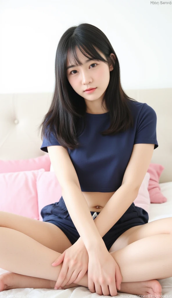 An ultra-high picture quality、Perfect Photo、12-year-old beautiful girl、Japan beautiful girl、middle school girl、light skinned、slender、tiny chest、lying on the bed、a miniskirt、With bangs、ankle、lamentation、is crying、Prone eyes、Semi-long hair、Straight hair、girl's own room、toe、sole of feet、thighs thighs thighs thighs、Calf、all-fours、lying back on、Skinny Legs、