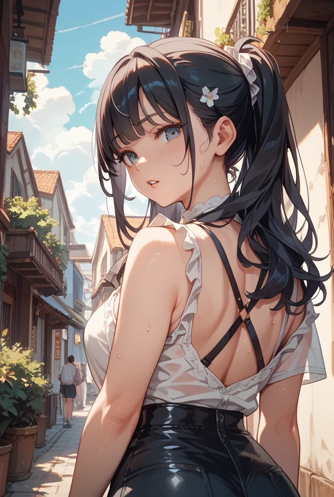 ((Biologically correct limb count))、(( Full-body photo including face))、4K、((Standing position))、masterpiece、((Focus on the face))、((Symmetrical facial features))、Eye for detailed depiction、Beautiful blue-haired woman、Excellent style、Beautiful clavicle、Beautiful feet、Beautiful Hands、Slender body、(stockings、garter belt、High heels)、Facial detailing、Small earrings、necklace、(No sleeve、Pleated skirt)、High heelsに照明を当てる、tie、sunny、(((Photo frame with white border)))、Seductive posture、((Standing on one knee, looking up))、Night Pool、(Low - Angle、A camera angle that captures the inside of a skirt from below)、Silk gloves、(((Black Hair、Silver hair)))、(((Moments of ecstasy)))、((Looking back))