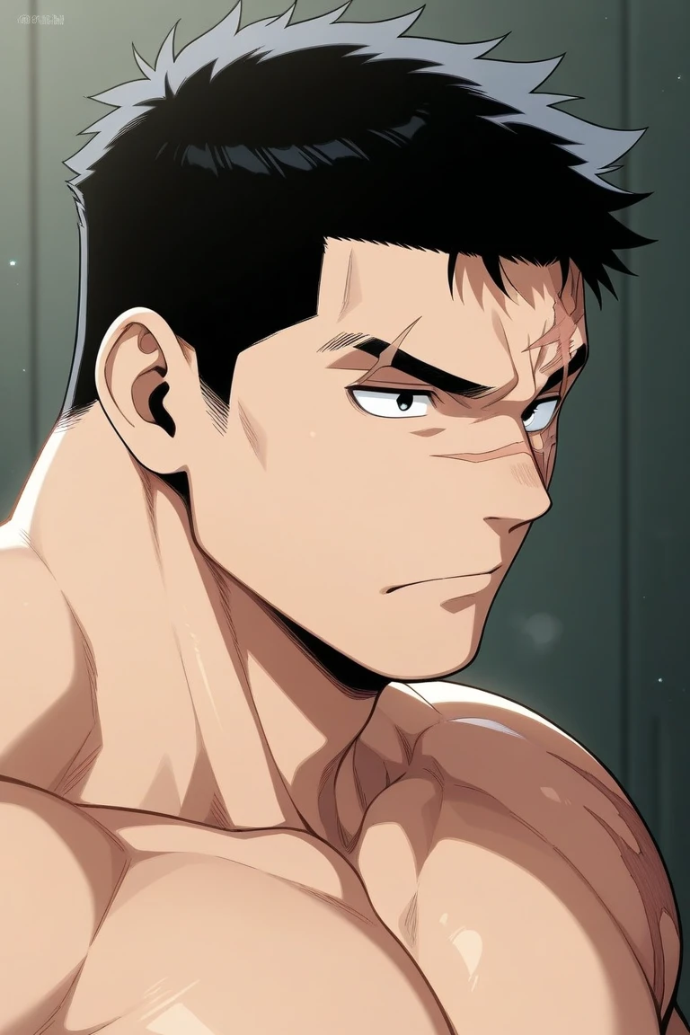 1man, aoi todo in anime jujutsu kaisen, short hair , black hair, eyes,muscular,  ,  facial scars , city background, ultra detail, realistic