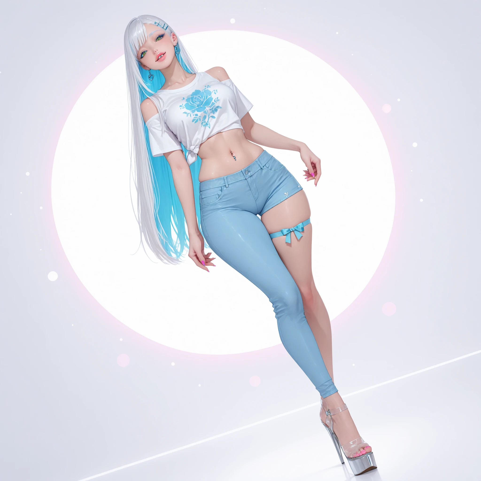 bishoujo,((nsfw)),1girl BREAK girl,1girl,slender_waist,medium breasts,female,two-tone hair,colored inner hair,sky blue hair,fair_skin,slender,oval face,thick eyebrows,slanted_eyes,half-closed_eye,bright blue eyeliner,(green eyes),(long_eyelashes),blue eyeliner,(white_colored_eyelashes),bare shoulders,long_fingernails,pink_nails,puffy lips,pink lips,parted lips,very long hair,straight hair,white hair,forhead,standing,curvy,wide hips,((single_pantsleg_:1)),metal heel sole,clear strap,high heels,pumps,hairclip,midiff,heart_earrings,the background is a soft,pastel color palette with a floral design and hearts,dramatic scenery,intricate details,erotic and aesthetic,bright colors,(full body view),wide_shot,full_shot,cowboy_shot,smug,standing_on_one_leg,full_shot,head_tilt,chromatic_aberration,contour_deepening,bokeh,depth of field,dynamic_angle,cinematic_angle,dutch angle,depth of field,bokeh,contour_deepening,navel_cutout,short sleeve T-shirts,navel,navel piercing,thigh_ribbon,