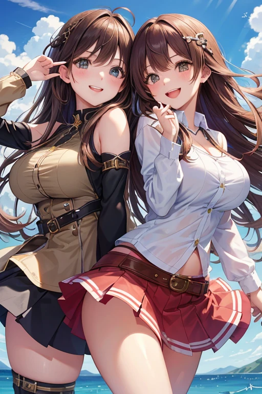 1girl, summer, village, trees, sun, clouds, ((colorful hair)), long hair, curly hair, ponytail, large breasts, button down shirt, ((blue checked shirt)), ((unbuttoned shirt)), cleavage 1:3, brown eyes, ((opened brown zipper jacket)), leather jacket, ((red black skirt)), smile, looking at the viewer, touching neck, standng, hair ribbon, golden necklate