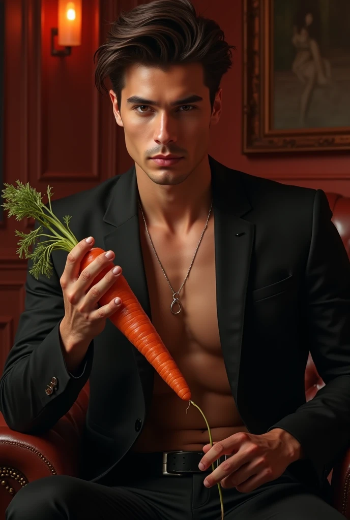 PICTURE REALISTIC, A young man, wearing a blouse and pants, showing the body from the waist up, Grinning, biting into a small brown candy shaped like a bar without divisions.