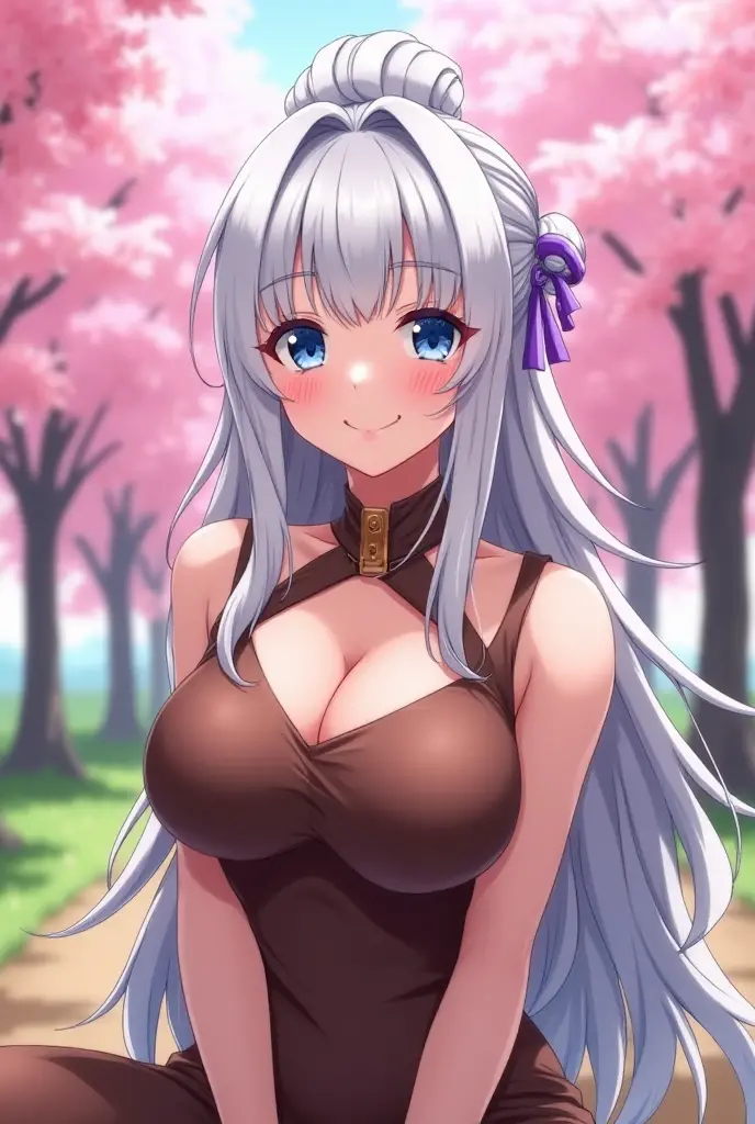 (best quality)), ((masterpiece)), (detailed), 2 people, perfect face, white flowing hair, white cat ears, white cat tail, gigantic breasts, thick thighs, glowing maroon colored eyes, smirking sexily, black bikini top with pink heart pattern on the fabric, purple flowing skirt, bent over slightly, cleavage visible, standing outside in the grass, sun shining
