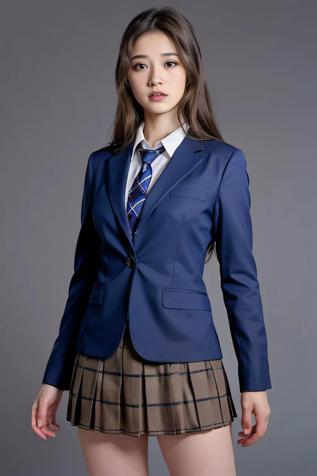 ((masterpiece:1.4))、((HD:1.4))、((1:1.4))、(( long hair:1.4))、(( Cowboy Shots:1.4))、(( frontal shot:1.4))、(( An 18-year-old Japanese girl wearing clothes is looking at the camera :1.4))、((I'm wearing a brown plaid pleated skirt :1.7))、((High school uniform tie :1.4))、 (( Suit wearing a cobalt blue blazer :1.4))、(( wearing a cobalt blue blazer uniform:1.4))、(( Black Knee High Socks:1.exy look ,((Woman with sad expression:1.4))、