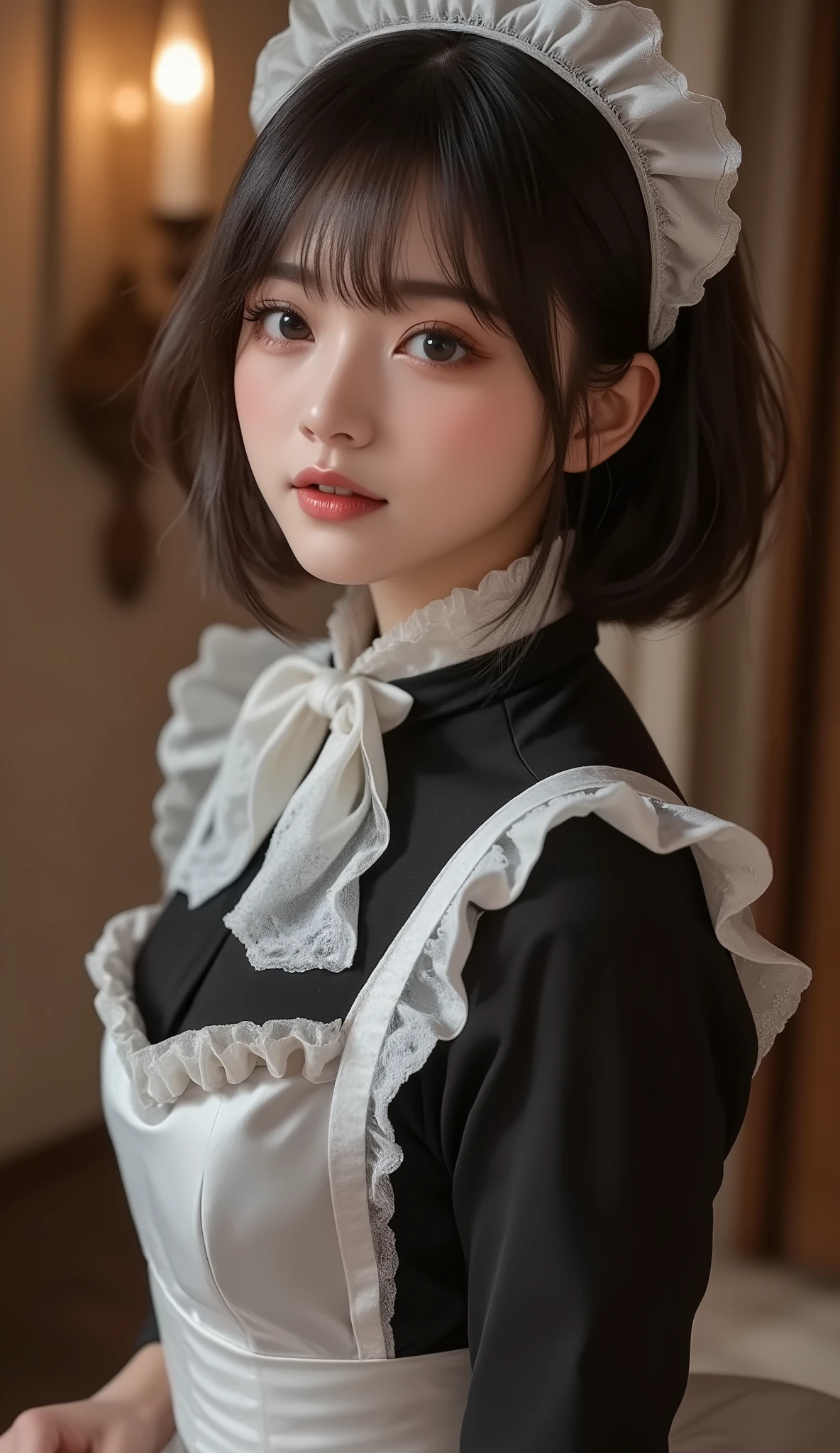 8k,ultra high resolution , best quality, masterpiece,rule of thirds,golden ratio,surreal,pictures, one woman,( girl:1.3),cute,cute顔, Beautiful Eyes in Every Detail , 細かくdetails,mature woman,princess,Full body,fully visible from head to foot in the frame,black hair,Short Bob,Swept bangs,ID photo, luxurious and beautiful ,(The famous Japanese idol girl),Booties,(((Black and White Edwardian Maid Outfit with Attention to Details 10.0)))(((luxury Edwardian maid costume)))(((A Girl in a Black and White Edwardian Maid Outfit))),(((smile with raised corners of mouth))),((((Dynamic Dressed Nipple Massage 5.0))),(((  dynamic posing))),(((smile with raised corners of mouth))), very delicate expression ,  delicate eye description,healthy body, ((Female 1)), height 160cm ,( thin waist:1.4)、( Beautiful :1.4), pink lips,Profile ,((( ideal figure))),Small A Cup Bust :2, portraits:2、 完璧な解剖学 、鮮明な details、 details,thin lips,Perfect and beautiful face  ,完璧でcute顔, Meticulous Skin , perfect limb that wraps around the body,thin waist, surreal,Light and Dark,fashion magazine cover,stage lights