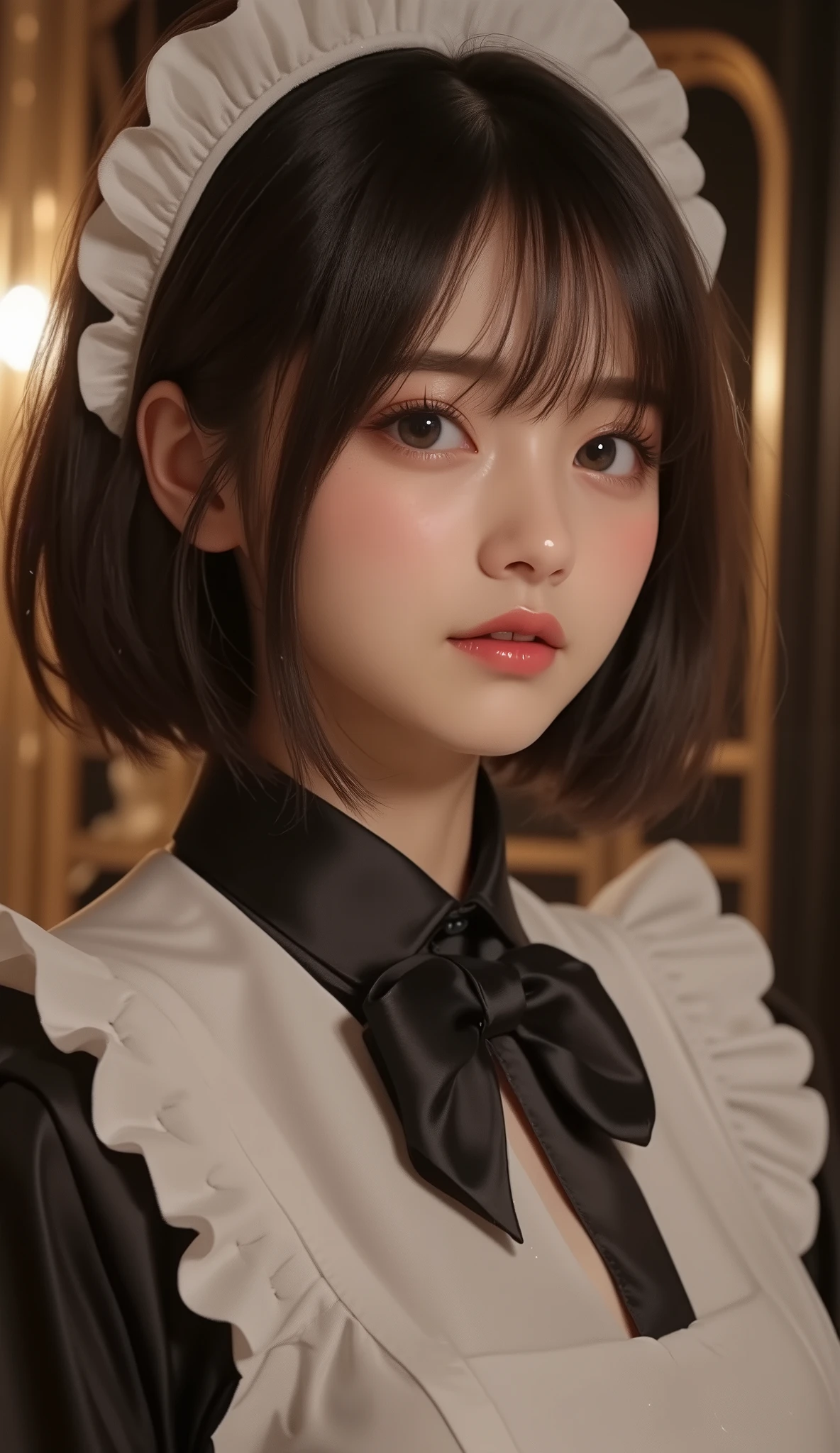8k,ultra high resolution , best quality, masterpiece,rule of thirds,golden ratio,surreal,pictures, one woman,( girl:1.3),cute,cute顔, Beautiful Eyes in Every Detail , 細かくdetails,mature woman,princess,Full body,fully visible from head to foot in the frame,black hair,Short Bob,Swept bangs,ID photo, luxurious and beautiful ,( famous Japanese idol girl),Booties,(((Black and White Edwardian Maid Outfit with Attention to Details 10.0)))(((luxury Edwardian maid costume)))(((A Girl in a Black and White Edwardian Maid Outfit))),(((smile with raised corners of mouth))),((((Dynamic Dressed Nipple Massage 5.0))),((( dynamic posing))),(((smile with raised corners of mouth))), very delicate expression , delicate eye description,healthy body, ((Female 1)), height 160cm ,( thin waist:1.4)、( Beautiful :1.4), pink lips,Profile ,((( ideal figure))),Small A Cup Bust :2, portraits:2、 完璧な解剖学 、鮮明な details、 details,thin lips,Perfect and beautiful face ,完璧でcute顔, Meticulous Skin , perfect limb that wraps around the body,thin waist, surreal,Light and Dark,fashion magazine cover,stage lights