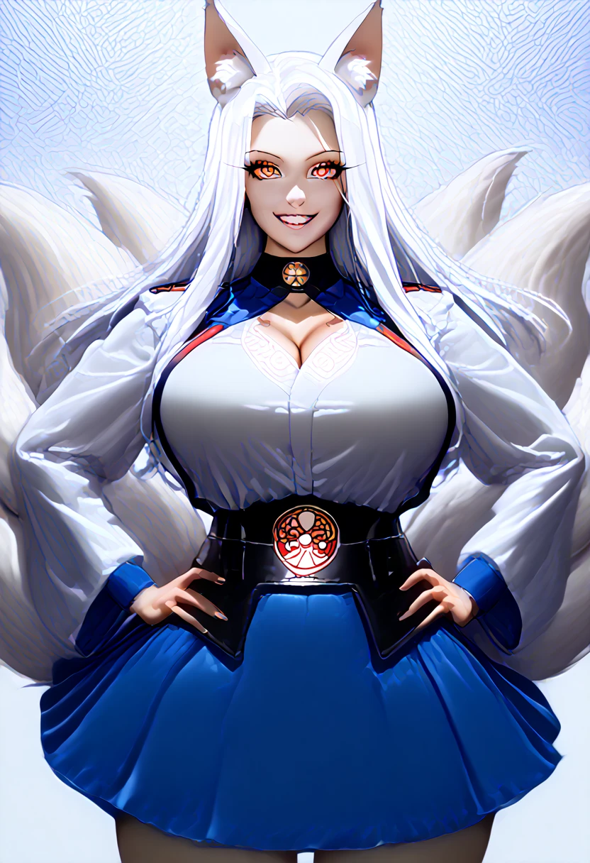 masterpiece, best quality, kitsune 1girl, solo, beautiful kitsune woman, fox ears, bangs, white hair, very long hair, blue eyes, grin, medium breasts, black choker, white kimono, long kimono, long kimono sleeves, blue sash, 5 white fox tails, white hair, looking at viewer
