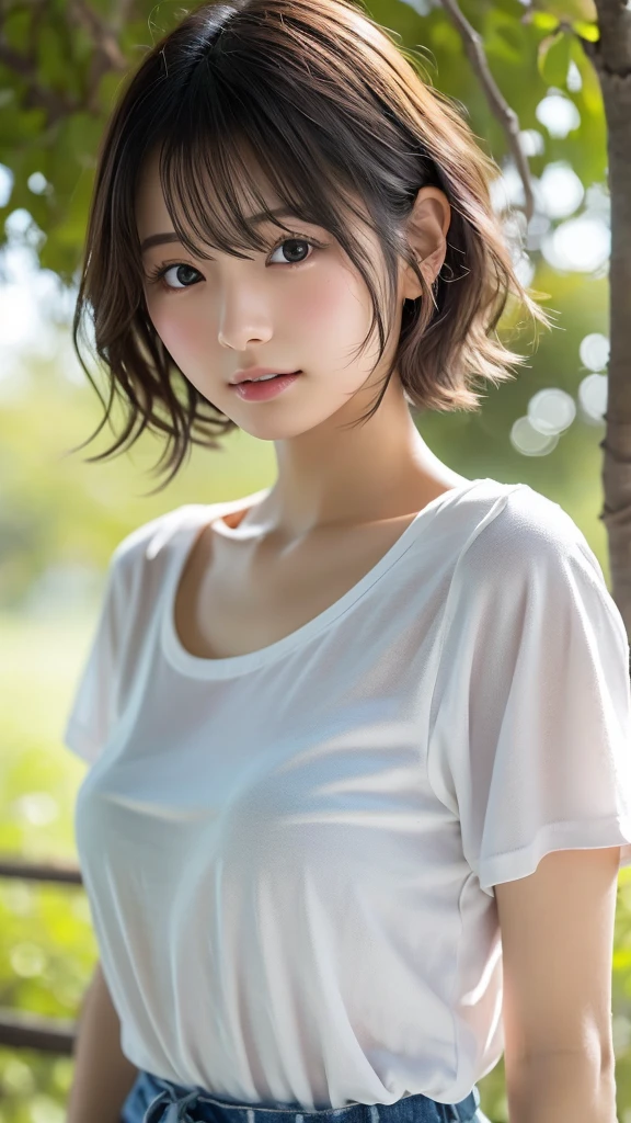 (Ultra-realistic), (figure), (High resolution), (8k), (Very detailed), (Best figure), (Beautiful and detailed), (Highest quality), (Super detailed), (masterpiece), (wallpaper), (Detailed face), alone, One Girl, watching viewer, Trendy clothes,White T-shirt、Less exposure、Fine details, Detailed face, In the Dark, Deep Shadow, Modest, Pure Erotic Face Ace_v1, cool, short hair, Pointed diagonal bangs,In a beautiful forest、stream、Water Play、Soaking wet、Wet Hair、Lost in Thought、岩に腰かけて足をstreamに浸す