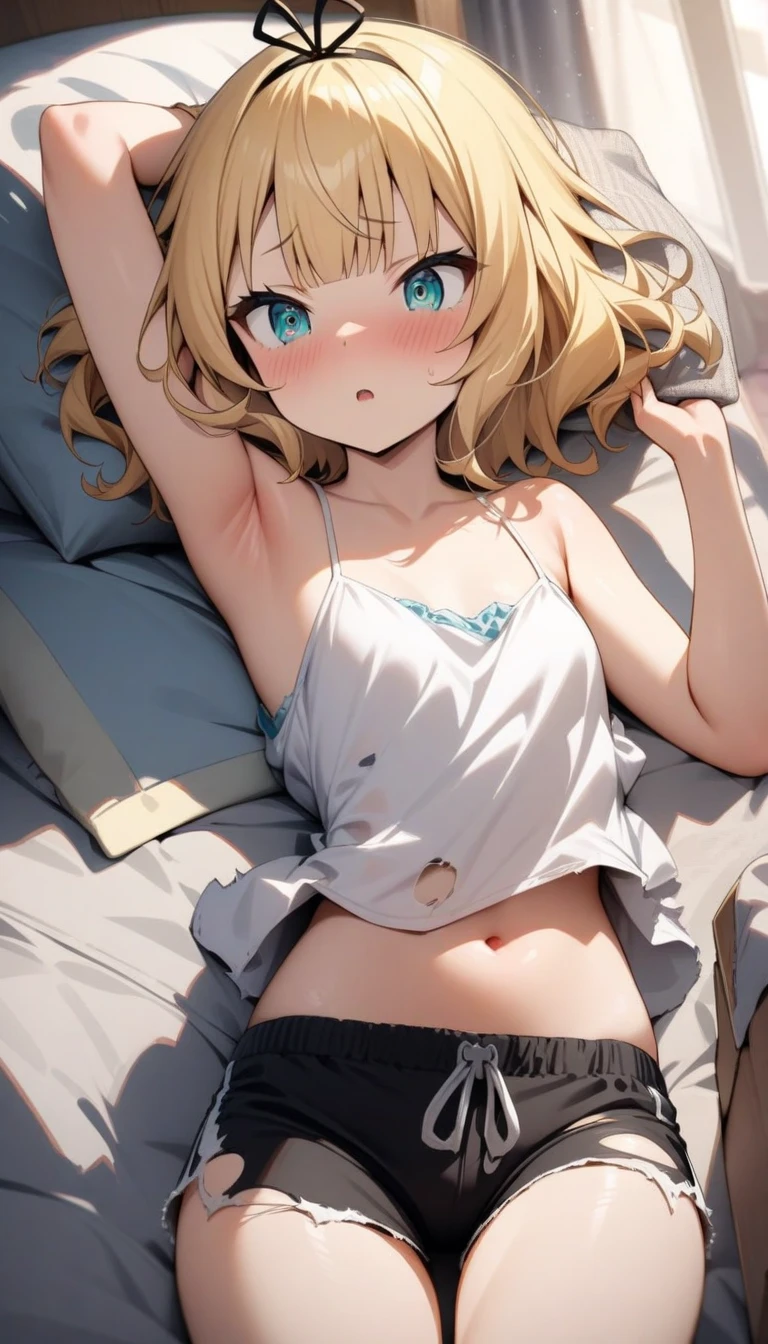 Browsing Caution,(Petite),(Cute man's daughter),((Groin bulge)),Bra Top,blonde low twintails,
