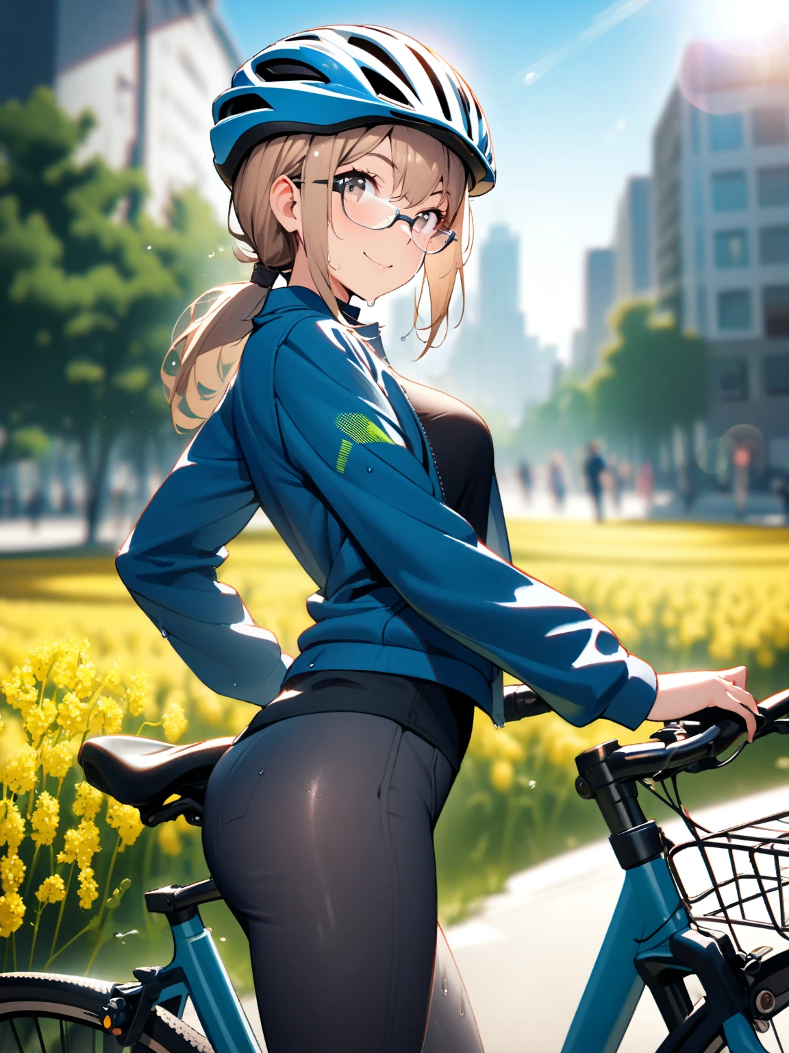 offcial art, 超高分辨率, (Masterpiece, Best quality:1.2), Solo, 1girll, Gina Lestrade, Short hair, Braid, Yellow leggings,green headwear, Green coat, Shoulder bag, london, Cobblestone road, Walk through the streets of London, sexy-s 100, Cycling!!, bikes, riding bikes, huge tit, Buttock augmentation, Cocked buttocks, Fat buttocks, Thin waist and thick legs, Fitness model, Ruddy cheeks, Sweaty, ssmile