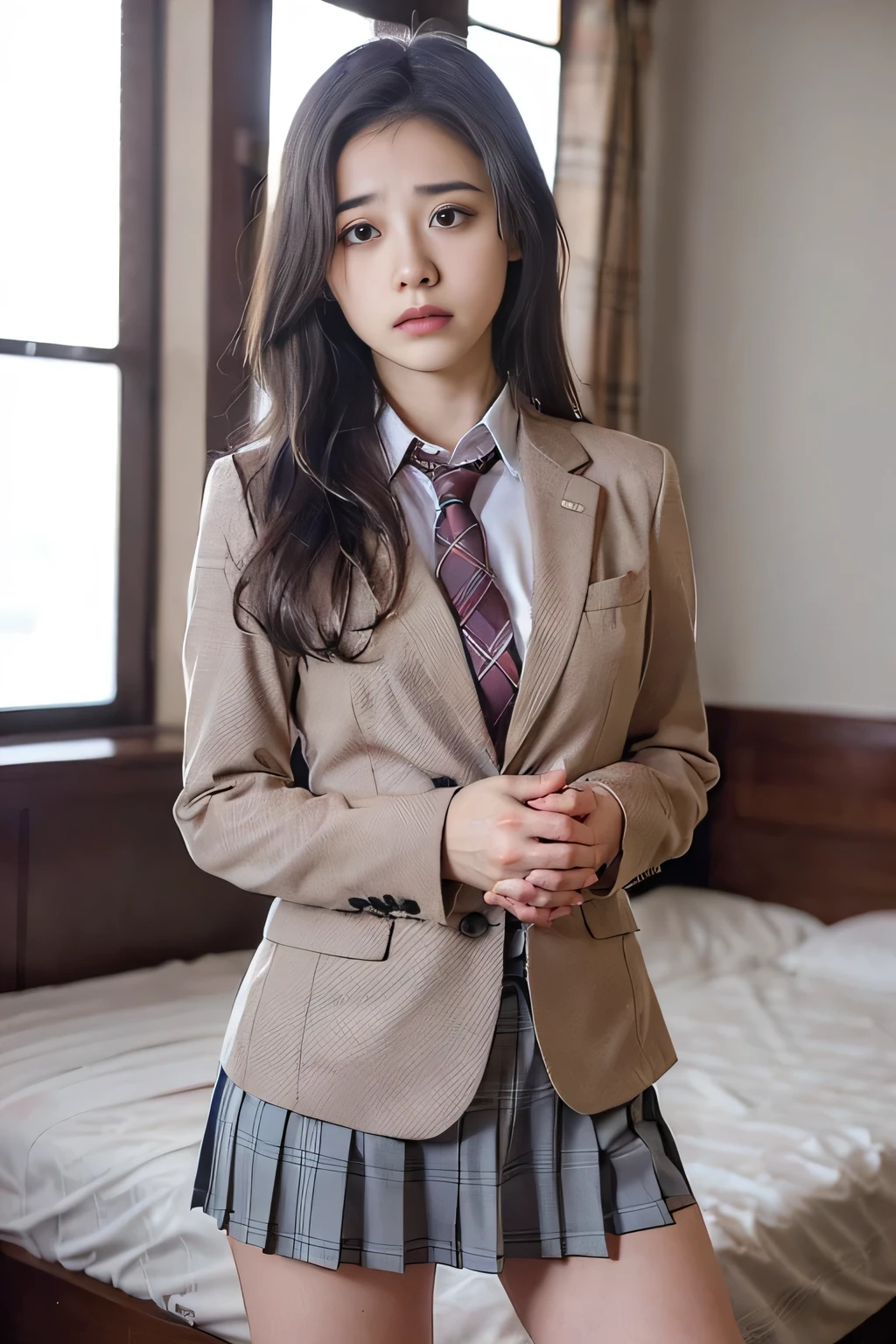 ((masterpiece:1.4))、((HD:1.4))、((bedroom:1.4))、(( long hair:1.4))、(( Cowboy Shots:1.4))、(( frontal shot:1.4))、(( An 18-year-old Japanese girl wearing clothes is looking at the camera :1.4))、((I'm wearing a brown plaid pleated skirt :1.7))、((High school uniform tie :1.4))、 (( Suit wearing a cobalt blue blazer :1.4))、(( wearing a cobalt blue blazer uniform:1.4))、(( Black Knee High Socks:1.exy look ,((Woman with sad expression:1.4))、