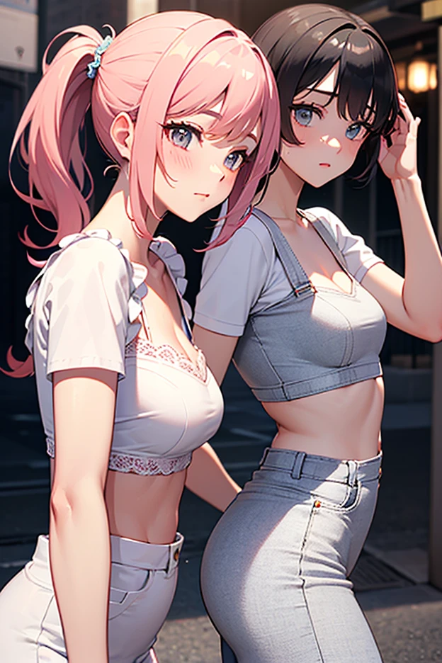(((yuri))), (((2 girls))), Basketball shirt, baseball cap, Hot Pants, absurdres, RAW photo, extremely delicate and beautiful, masterpiece, Best Quality, ultra high resolution, 32k, hyperrealistic, ultra-detailed, detailed description, perfect anatomy, pale skin, 20 years old, detailed beautiful face and eyes, tearful mole, earring, short medium hair, wavy hair, random colored hair, whole body shot, colossal tits,