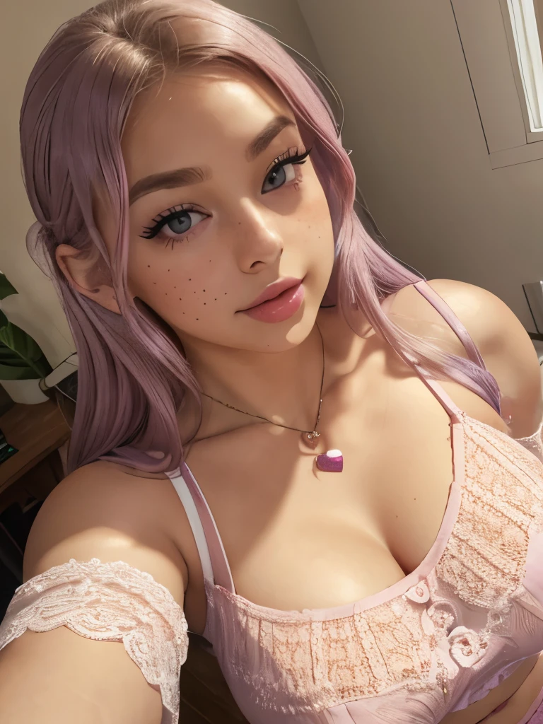 Kim Jennie, with purple, lilac hair, with curls, without bangs, hair without bangs, white and pale skin , porcelain skin, with natural makeup with pink tones, with blush on the cheeks, with moles and freckles all over her body, brown, honey-brown eyes, big, beautiful eyes, with long eyelashes and thin eyebrows, turned-up nose, ball-shaped nose, cute and small nose, heart shaped lip, cupid's bow, crimson lip, nice thick lip, (big breasts, with pronounced escote, thick breasts, nice breasts), Slim body, bare waist and slim; while wearing a crochet short, mini short, small waist, with a necklace at the waist, while wearing a blouse with sleeves, long sleeves, pretty blouse m, without bra, soft, with lace stockings, full body, angle from below , looking at the side, in a roo