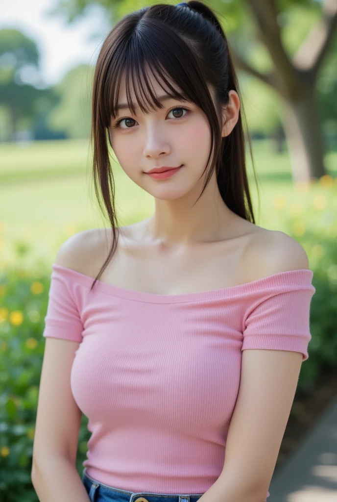 1girl, 20 years old, cute、、big breasts、、cleavage, drop shoulder tee, blush、shoulder-length hair、revealing clothes、open clothes、clavicle、 delicate、bird’s eye view、highest quality、HD, 16k