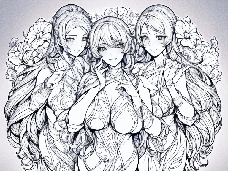 4 sexy wives from elf, demon, fairy and human race, wearing sexy outfit, perfect hands, the background is just white, seductive facial expression, monochrome (clear line, lineart)