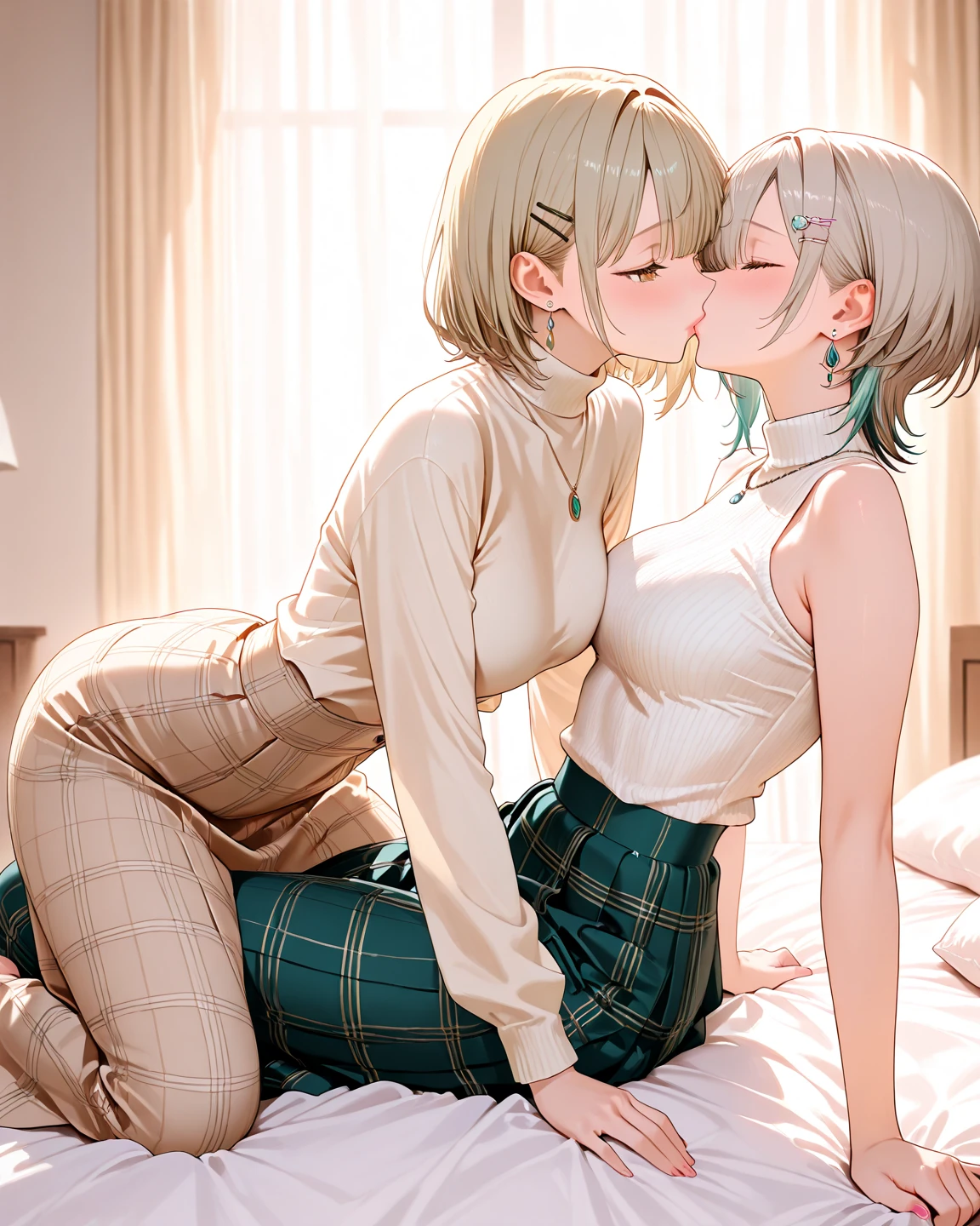 NSFW、(Anatomically correct、Masterpiece、Highest quality、Tabletop、Detailed construction)、(((Two beautiful girls, one with silver hair and the other with blonde hair and dark skin.)))、White shirt、(((Lesbian、kiss、Touching each other's crotches)))、(((Sweat)))、(((Soaking wet)))、(((body fluid)))、(((Body odor、Sweat染み)))、(((pussy)))、(((Love juice、Squirting)))、(((Put your finger in the vagina)))、((Pubic hair)),(((blush)))