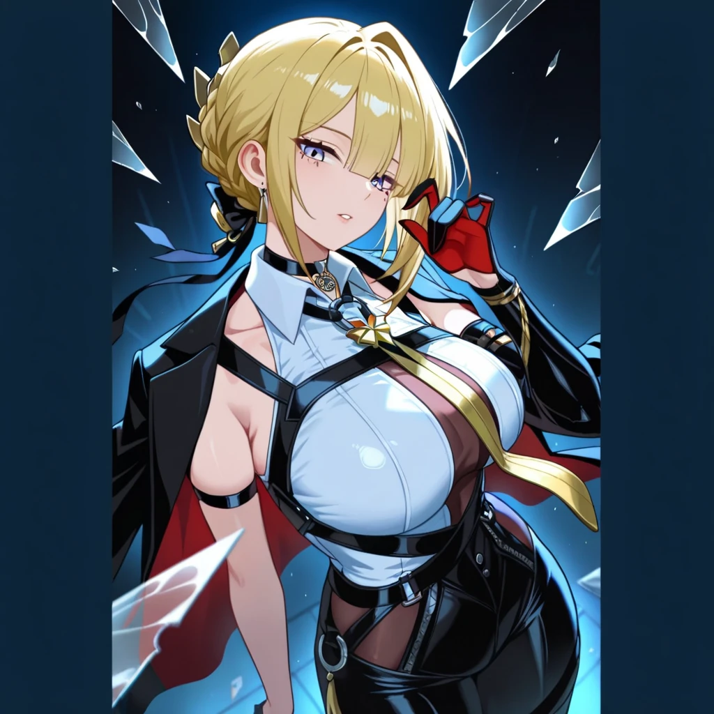 <lora:LightingVFXV2:0.3> absurdres, 1girl, in the midst of a storm, black and gold robes, casting thunderbolts, (serious:0.8), hair tied back in a messy bun, wielding a lightning wand, huge breast, looking at the viewer