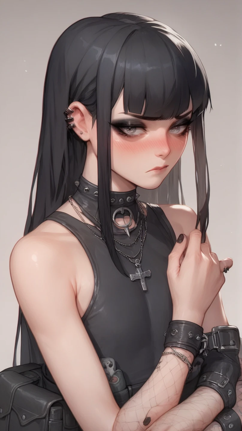 Guy, Masculine, tall, Outlet Long black hair, emo, expression less, purple eyes, Earring, piercing beside down lips, black lips, pale skin, Black clothes, black chains choker
