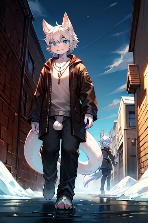 Furry,Wolf Boy,White fur,crystal blue eyes,Single fluffy tail,greyt hair,short detailed hair,street corner