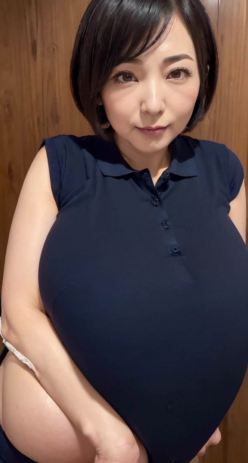 Young and beautiful woman、Medium Hair、Focus on the face、Top view、ミラーSelphy、Taken with the front camera、Selphy、Shoot yourself、In front of the mirror、Erotic regime、Very large breasts、Big Breasts、T-Shirts、Black shorts、Training wear、Gym suit、Insanely smile