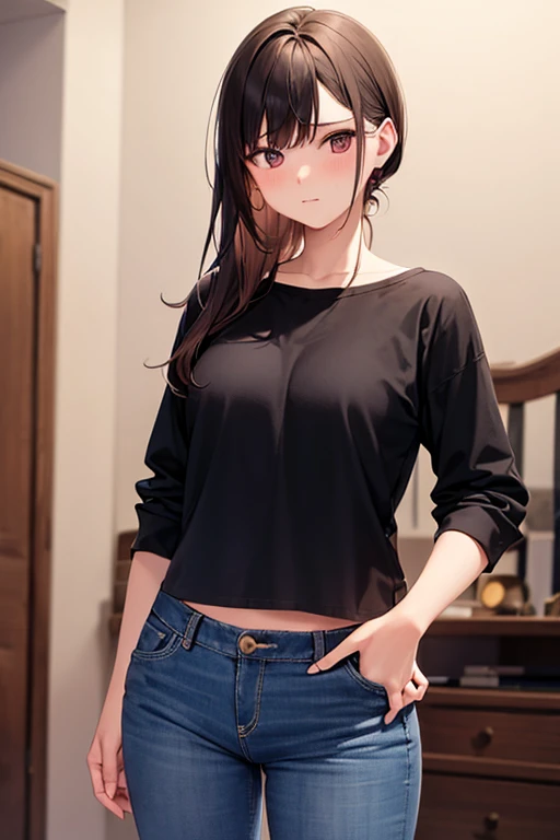 cute girl,cropped sweater,low-rise damaged skinny pants,happy,multiple views,gal,urbun gal,behind,ceiling