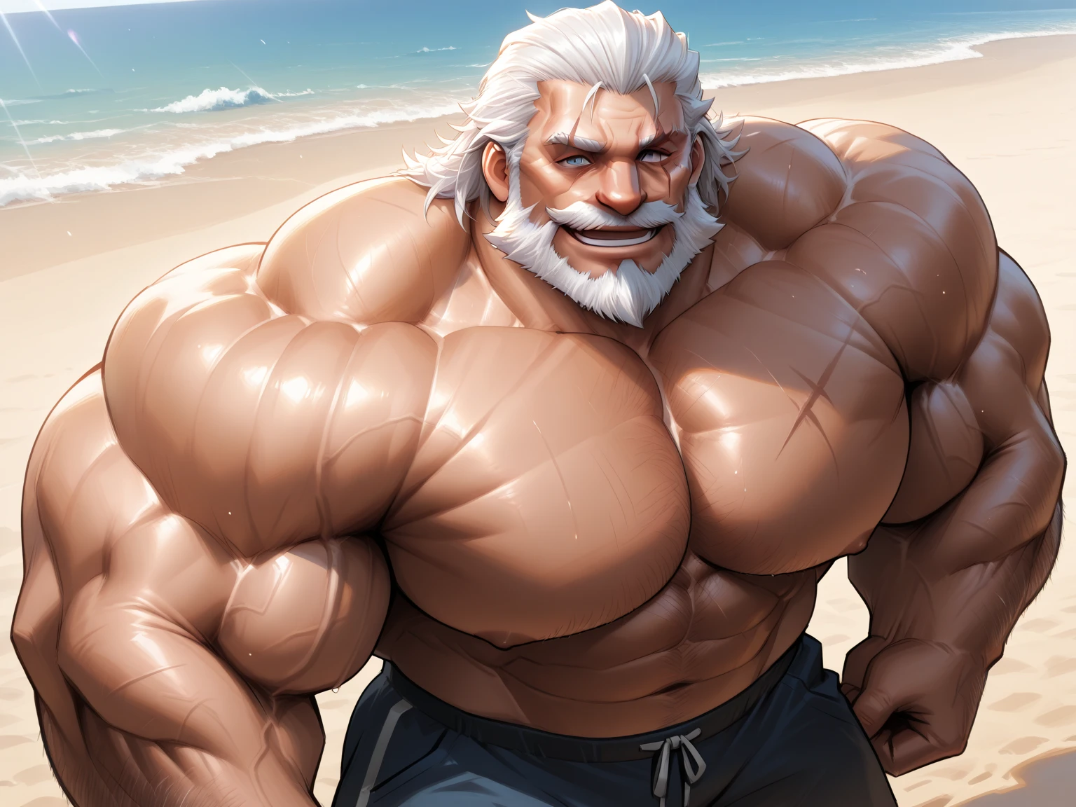 only upper body,Best quality,masterpiece,4k,8k,highly detailed,detailed face,realistic proportions,sharp focus,male focus,musclar bodybuilder,<lora:reinhardt:0.8>,human,reinhardt,scar across eye,facial hair,long beard,long hair,Wearing short sleeves,walking on the beach,smiling,(shirts:1.5),walk on the beach,smile.,<lora:bulkedupAIHugeMuscles_bulkedupAIR15:0.2>,