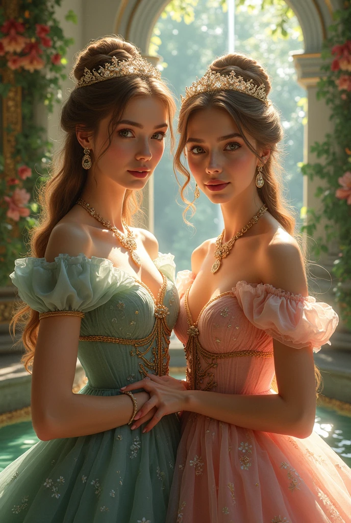 (masterpiece, best quality:1.5), highest quality, High resolution, super detailed, Realists, Upper body photo of a blonde sorceress, detailed and beautiful eyes, beautiful detailed lips, very detailed eyes and face, longeyelashes, shiny satin dress, Holding a magic wand in your hand and performing eine Transformation spell, Magic wands present and shiny, Beautiful and colorful makeup, elegant and noble々The jewelry bag, Gardens as background, soft daylight, bright colors, fine brushstrokes, Portrait style, Silk dress fabric, beautiful color palette, glowing skin, First-class rendering, that captures every detail, enchanting atmosphere, subtle shadows and lights, (perfect anatomy:1.2), (The two breathtaking sorceresses transform birds into jewelry (eine Transformation):1.4), (magnificent panorama view:1.2)