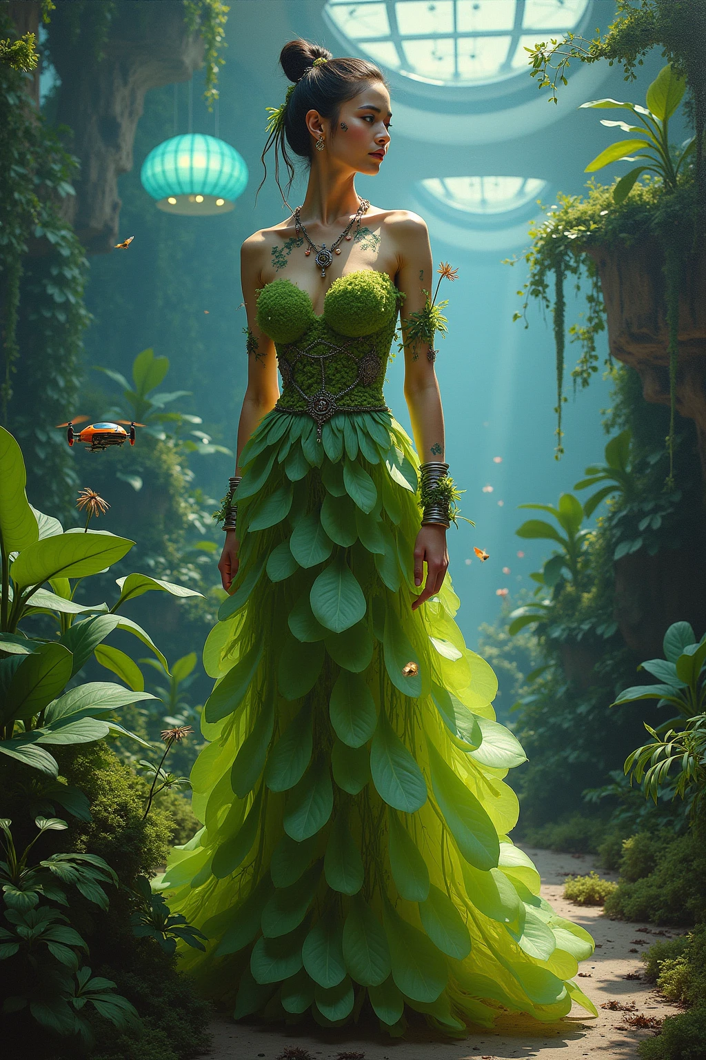 An oil painting of a futuristic fashion model standing in a lush biotech garden. The model wears a living outfit crafted from genetically-engineered moss and translucent petal-like fabrics that shimmer with soft neon greens and blues. The gown blooms like a flower, its organic textures blending seamlessly with the natural surroundings. Her accessories are made from recycled metals and woven plant fibers — including a wearable terrarium necklace and delicate vine jewelry coiled around her arms. Her skin features glowing botanical tattoos and small leaf implants, casting a faint bioluminescent glow. The scene is bathed in ambient light from glowing plants and floating spores. In the background, translucent biodomes and futuristic structures are entwined with thriving vegetation. A small drone gently hovers nearby, tending to her living garment. The brushwork is detailed yet expressive, capturing the harmony between nature and advanced technology in rich, earthy tones.