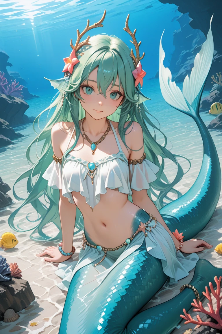 ((Highest quality)),(Ultra-high resolution),(Very detailed),(Detailed Description),((The best CG)),(A masterpiece),Ultra-detailed art,Amazing painting art,(Art with precise detail:1.5), (Smiling mermaid sitting on a big rock:1.6),(Seven-colored scaly skin:1.6),(Side boob:1.8),Beautiful and well-proportioned face:1.6,smile:1.4
