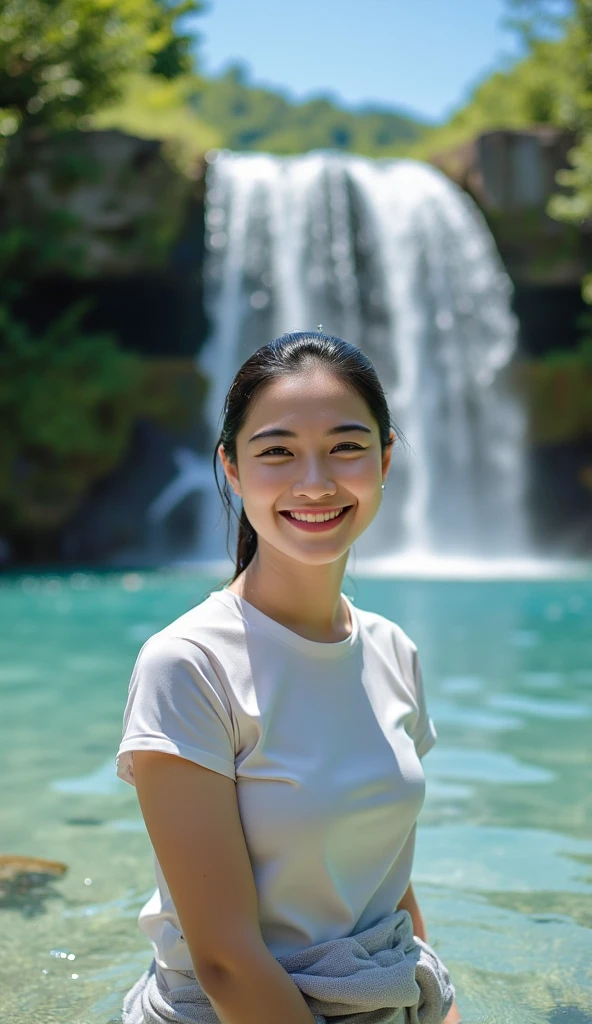 there is a woman standing in front of a waterfall with her hands up, playing in waterfalls, with a waterfalls, with waterfalls, standing in a waterfall, no watermark, standing in front of a waterfall, standing near a waterfall, waterfalls in the background, next to a waterfall, stream of love and happiness, she expressing joy, bathing in a waterfall