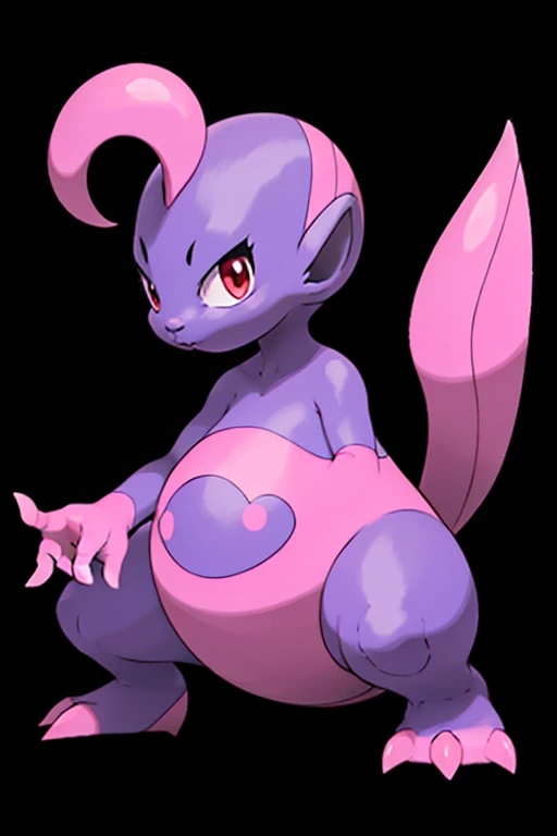 Anthro blue creature, standing, tall and curvy, blue fur, purple eyes, dark purple swirly round tail, naked, pink nipples, small tuft of purple hair on head, droopy animal ears, small cute snout, grassy field , day time, masterpiece, high quality, best quality, looking at viewer, by hioshiru, front view