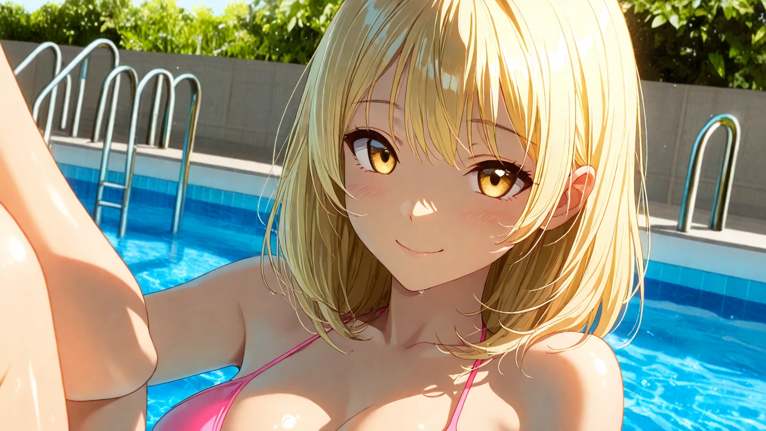 (anime style)、((masterpiece、side lighting、細かく詳細なbeautiful目: 1.2))、Super detailed、ultra high resolution、professional lighting、high quality makeup、beautiful詳細な目、sexy、beautiful、Big eyes、Kawagami Mai、blonde、side ponytail、purple eyes、long hair、bangs、gradient hair、mole、smile、(Look at the viewer、blush、bikini、beach、big breasts:1.3,shiny skin:1.5、eye light、highlight on eyes、smile、Cover your subject all over)