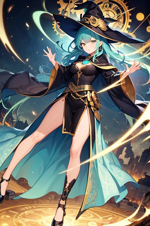 A sexy girl half elf wizard, dark wizard robe, wizard hat, yellow eyes, bright blue hair colour, book in hand, library shop background,8k, masterpiece, best quality, highly detailed, 1girl, half-elf, solo, yellow eyes, bright blue hair, long straight hair, wearing necklace, gorgeous, black robe and wizard clothing, friendly, smile,sexy, close ups view, rings, looking at viewer, alone,