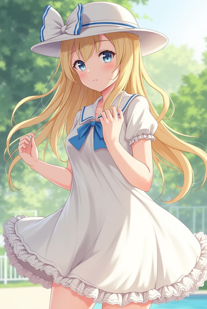 core_9,score_8_up,score_7_up,score_6_up,score_5_up,score_4_up、sollie/(Pokémon/)、Long Hair、Blonde Hair、Green Eyes、Sun hat、White Hat、Side braids、No sleeve、White Dress、1 girl、Portrait、face、笑face、Open your mouth、Raise your hand、Keep、crystal、Keepcrystal、prism、rainbow