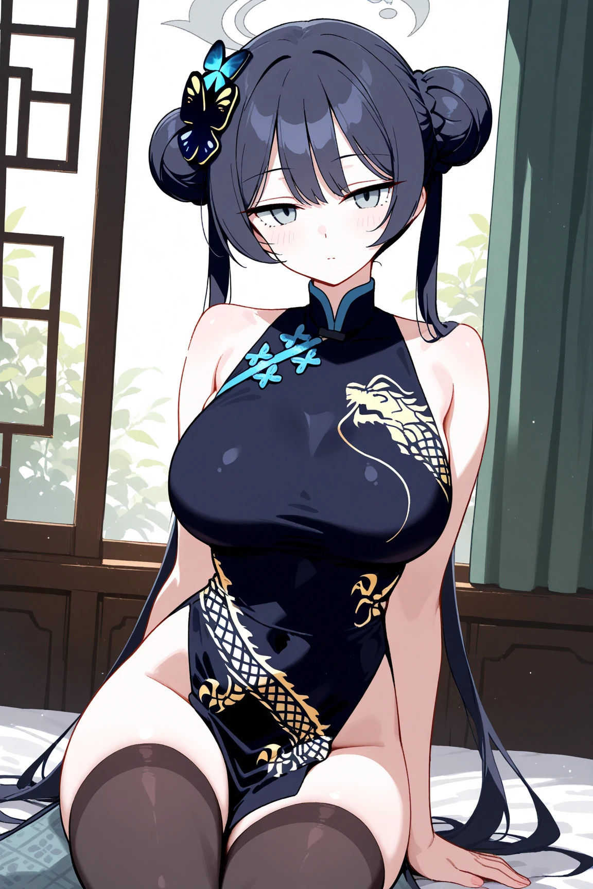 (masterpiece, best quality), 1girl, kisaki, grey eyes, black hair, hair bun, double bun, twintails, butterfly hair ornament, halo, huge breasts, side boob, sheer china dress, black dress, sleeveless, dragon print, gloves, closed mouth, solo, cowboy shot, night sky, beach, hands on belly, contrapposto, spread armpits, looking at viewer, best quality, smile, pregnant, fullbody