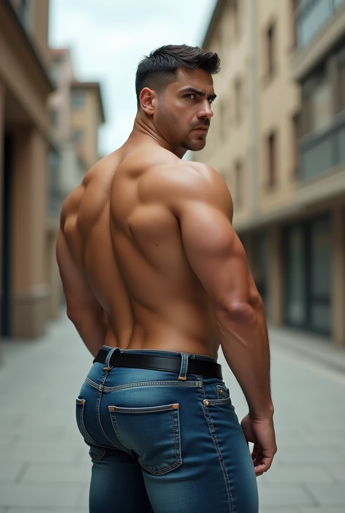 Arturo: male, vaquero musculoso, rostro, realista, foto cuerpo completo con jeans, barba corta, backside