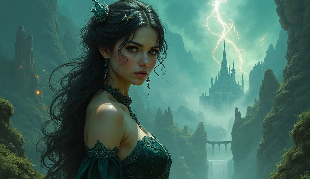 Masterpiece, High Quality, Super Detail, High Quality, Depth of Field, Beautiful Detailed Glow, High Resolution A medieval portrait of a beautiful girl in a city, with a dark, smoky atmosphere and dramatic lighting to evoke a mysterious cinematic feel. Elements such as collapsed buildings, debris and contrasting lighting are included to enhance the sense of destruction and mystery, and the view from afar. Sea of ​​sunset light reflection, the scene appears from afar, the girl's entire body appears, dark clouds, thunder and lightning flashing in the sky