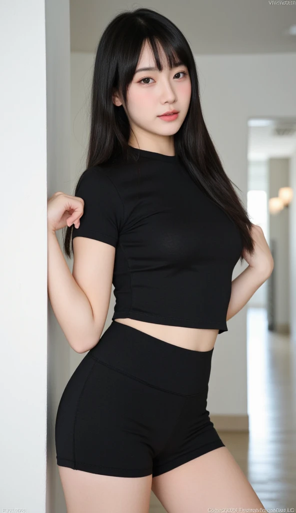 masterpiece, masterpiece, best quality, best quality, real, unity, 8k wallpaper, official art, highly detailed cg unity 8k wallpaper, ulzzang-6500, one girl, cute, professional lighting, ((long black spandex shorts: 1.37)), long hair, disheveled hair, (original: 1.2), (real: 1.4), ultra detailed, high resolution, ultra detailed, fantastic, Fine details, cinematic lighting, simple costumes, detailed clothing textures, bed, projected from above. (8k, RAW photo, highest quality, masterpiece: 1.27), (realistic, photorealistic: 1.37), physically based rendering, handsome, masterpiece, highest quality, high resolution,