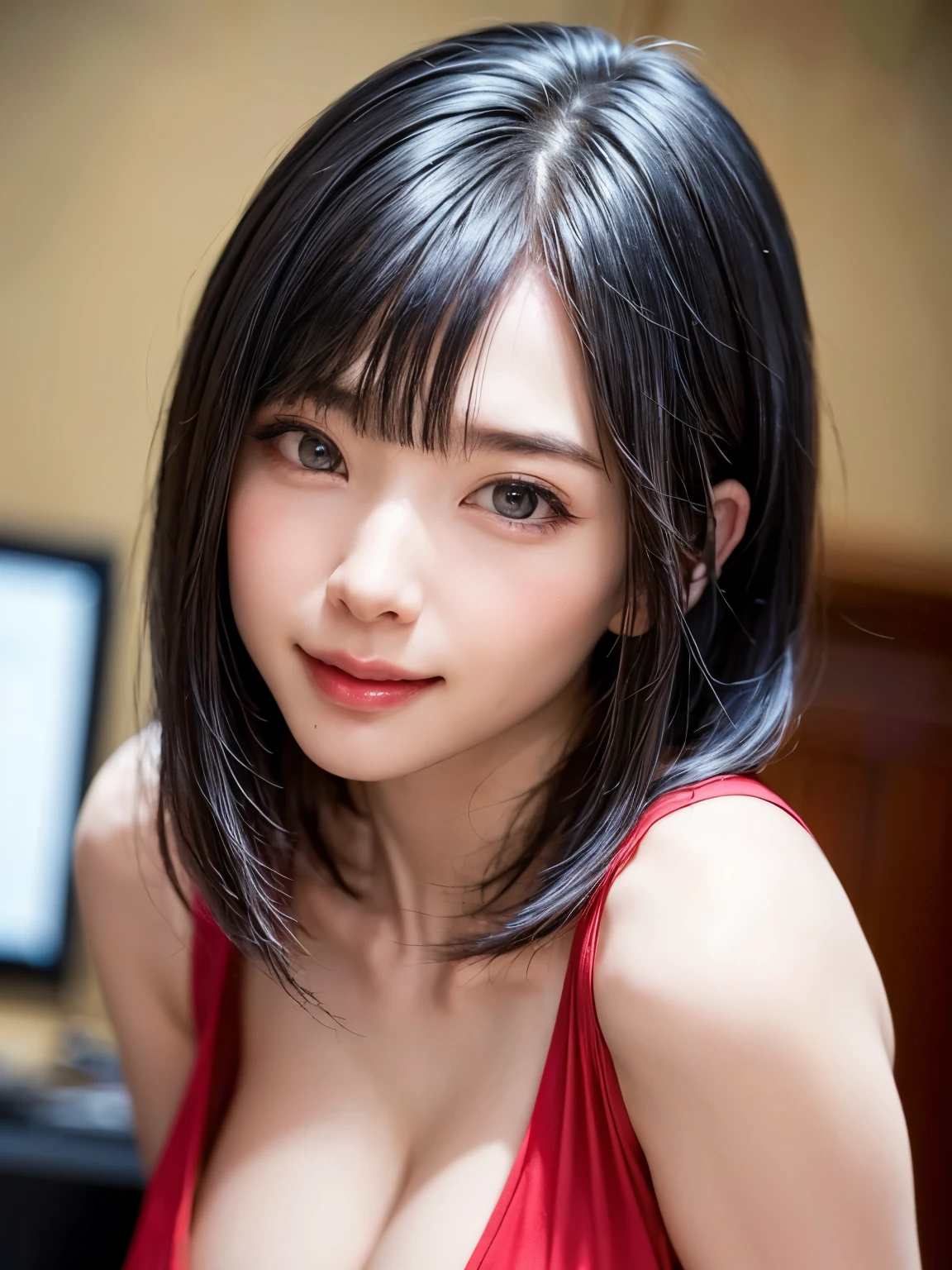 (Highest quality、On the table、8k、Best image quality、Award-winning works)、(Young girl, 14 years old:1.3)、(The perfect V-neck long red sweater:1.2)、(Red eyeshadow:1.2)、Perfect Makeup、Long eyelashes、Ultra HD Shining Eyes、Ultra HD Hair、Ultra-high resolution glossy lips、Ultra High Resolution Perfect Teeth、Ultra HD cute face、Brown Hair、(Very short straight hair:1.1)、Look at me and smile、[clavicle]、Accurate ???????、Luxury Love Hotel、(The most atmospheric warm light:1.2)、Blurred Background、Has bangs、Ultra-high-definition, shiny, moisturized face、Ultra-high resolution glowing skin、The most delicate face、Super high resolution detailed faces、ultra high resolution hair、Ultra high resolution glowing eyes、Beautiful face with detailed expression、Ultra high resolution glossy red lips、Big Breasts、Split、Fashion Necklace、White camisole
