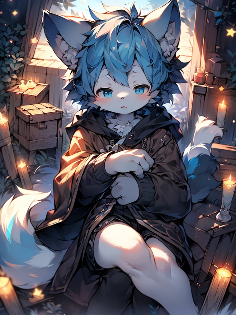 (masterpiece:1.3), (2D:1.0), (anime:1.0), (illustration:1.0), (sharp:1.2), (hard light:1.0), (shadow:1.0),(reflection, refraction:0.8), (light rays, dappled light, light glare, lens flare, Tyndall effect:1.0), (clear, shiny:1.0), (best quality:1.2), (ultra-detailed:1.0), (extremely intricate:1.0), (blurry foreground,cinematic light,ray tracing:1.1), (bright_colors,dark_intense_shadows:1.1), (impasto,colorful:1.2), (warm_light_from_below,glow_white_particles:1.1), (Ensemble_Stars!_\(style\):0.95). wolf_boy,anthro,uploaded_on_e621,solo,upper_body,cowbow_shot,male_focus,furry_kemono,furry_male,cub,young_male,bishounen,11_years_old,kawaii,cute,fancy,fragile,cool,handsome. detailed_fluffy_fur,tuft,(white_fur,body_fur,oil_skin,skin_with_fluffy_fur:1.3),animal_nose,animal_ear_fluff,fluffy_paws,pawpads,animal_hand,fluffy_big_tail. blue_clothes,(hooded_cloak,hood_up:1.5),male_short_hair,white_hair,blue_eyes,one_eye_closed,bangs,closed_mouth,smile,light_blush,hands_up,holding_star,bottomless,(knees_together_feet_apart,sitting:1.2),looking_at_viewer. (night,starry_sky,crescent_moon,star_\(sky\),gem,plant, star_\(symbol\),sparkle),outdoors, scenery.