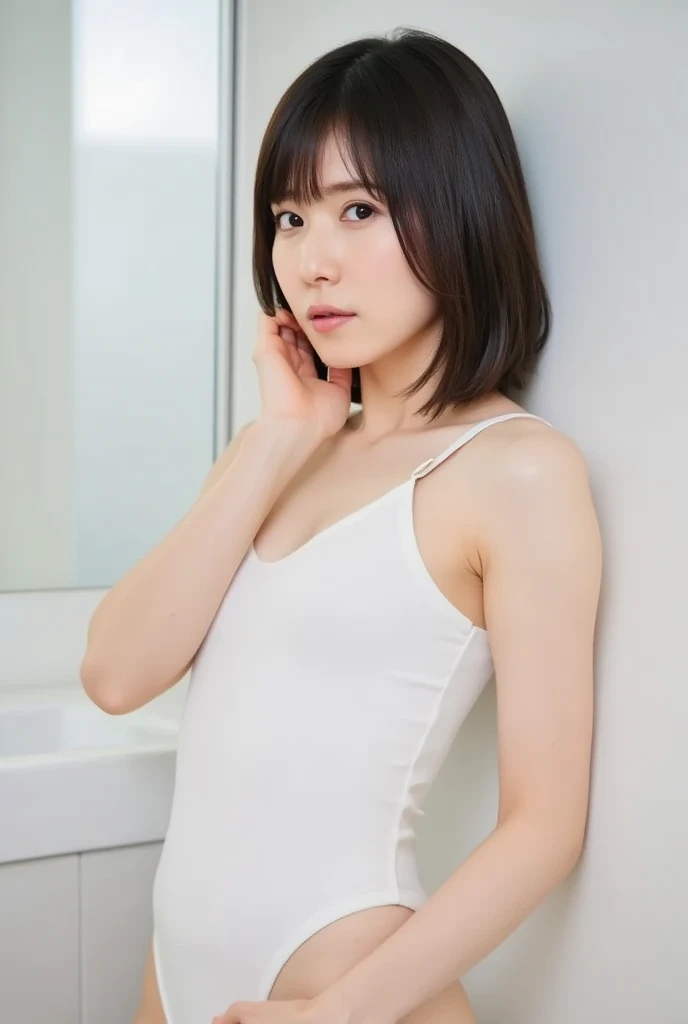 Picture taken from the front, with the left and right sides equally spaced, draw symmetrically, simple background, stand upright, upper body, (arms behind back:1.5), One girl, very short hair, (camisole, sports panties)