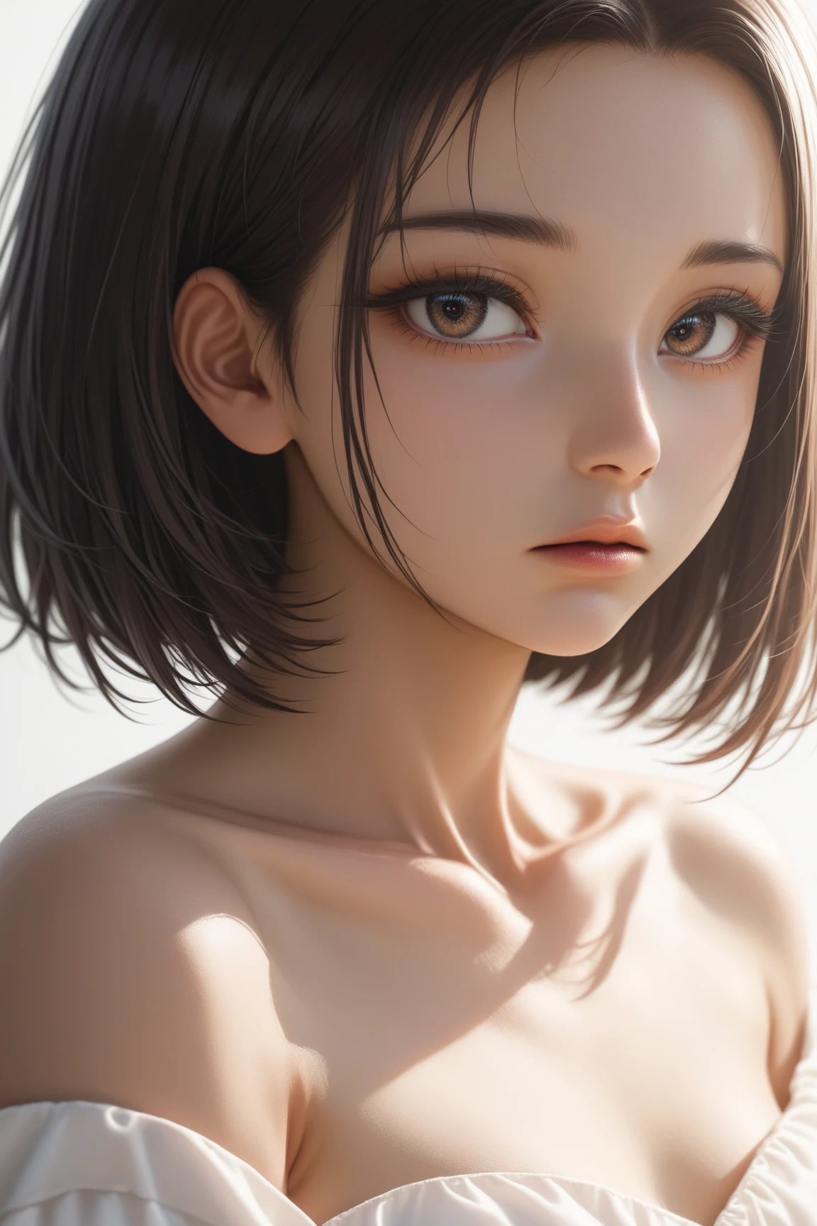 (High Detail:1.2) Anime Girl, (Best quality, Detailed), (dark, gravelly:1.3, dark:1.2), 1girl, (solo), long bob hair, black hair, blue eyes, fair skin, sinister, intense look, background dark, Volumetric light, hyper realistic, super detailed, Dynamic pose, (flat chest), small size, small, (naked), (nude), medieval castle.